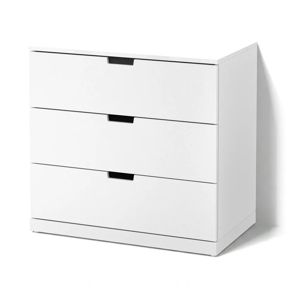NORDLI white chest, 3-drawer, sleek modern design, clean lines, smooth finish.