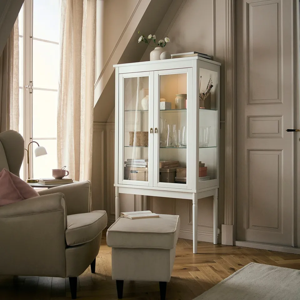 FÄRJKARL Glass-door cabinet, off-white, 87x45x161 cm