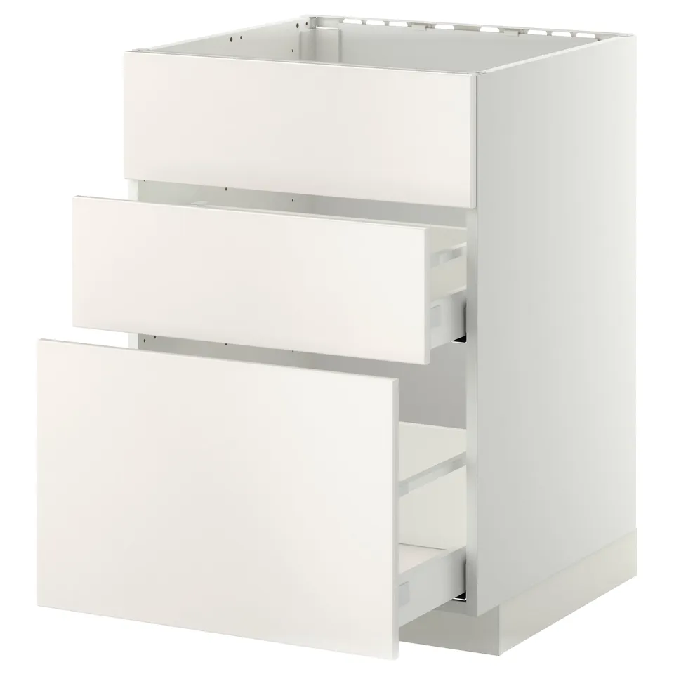 METOD kitchen unit. White, rectangular, with two open drawers. Modern and minimalist design.