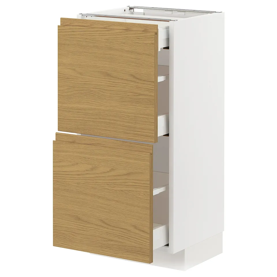 A white and light brown kitchen cabinet with two drawers in a minimalist design.