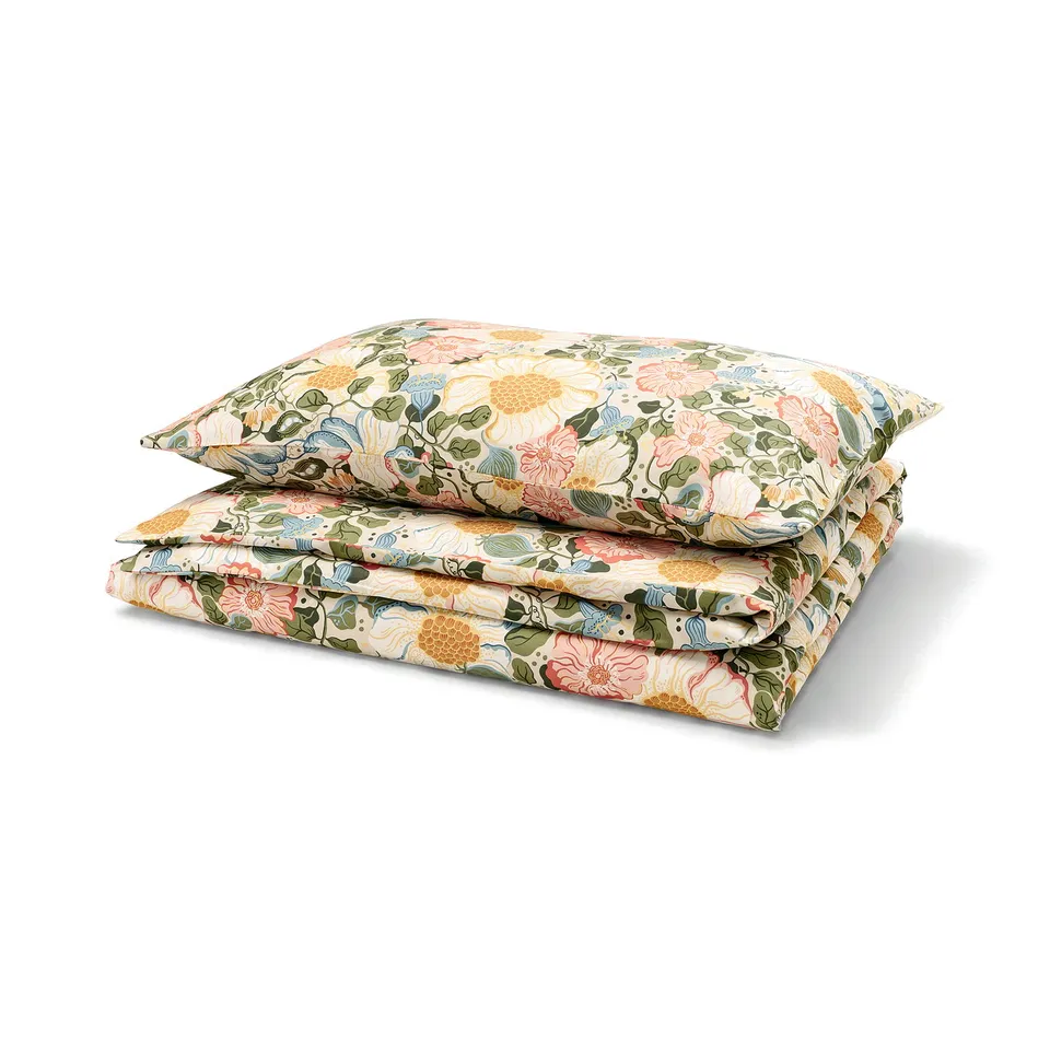 Arnebok beige floral duvet set, rectangular with soft, silky fabric.