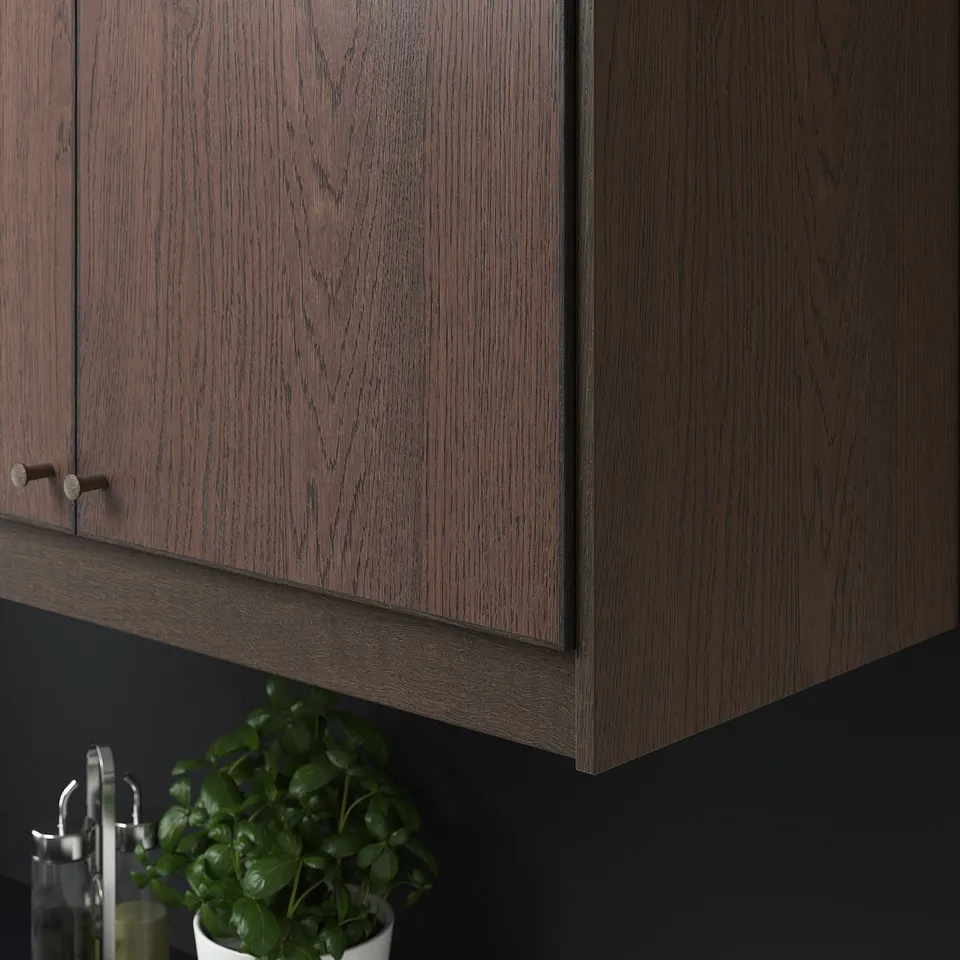 Wooden kitchen cabinet with simple knobs, displaying dark wood grain texture. Below, a potted plant is visible.
