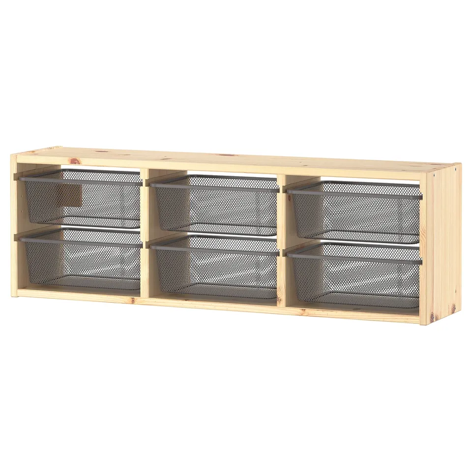 Wooden TROFAST wall unit with 6 mesh drawers, modern design.