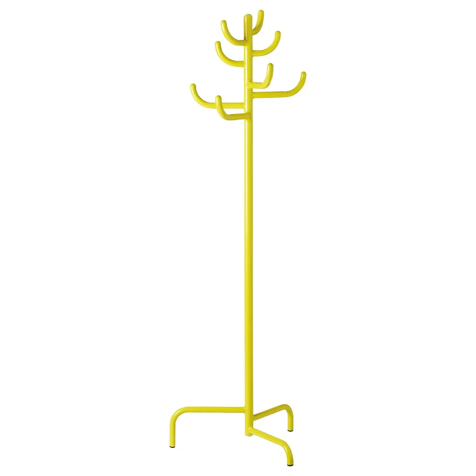 Bright yellow coat tree, distinctive tree shape, durable steel, stand alone design, vibrant nytillverkad series.