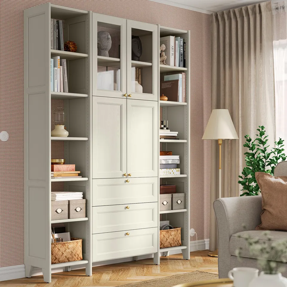 GULDDRAGARE Storage combination, beige/clear glass with 3 drawers, 162x37x216 cm