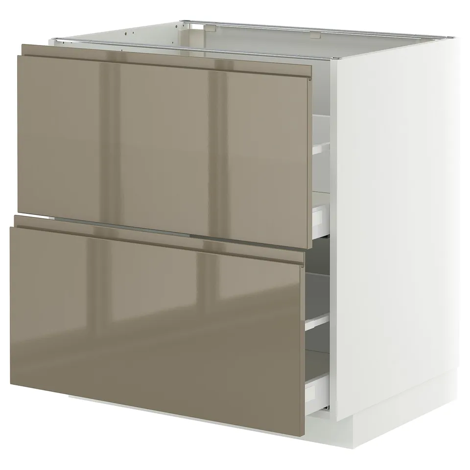 Modern dark grey-brown kitchen cabinet with two drawers and sleek handles.