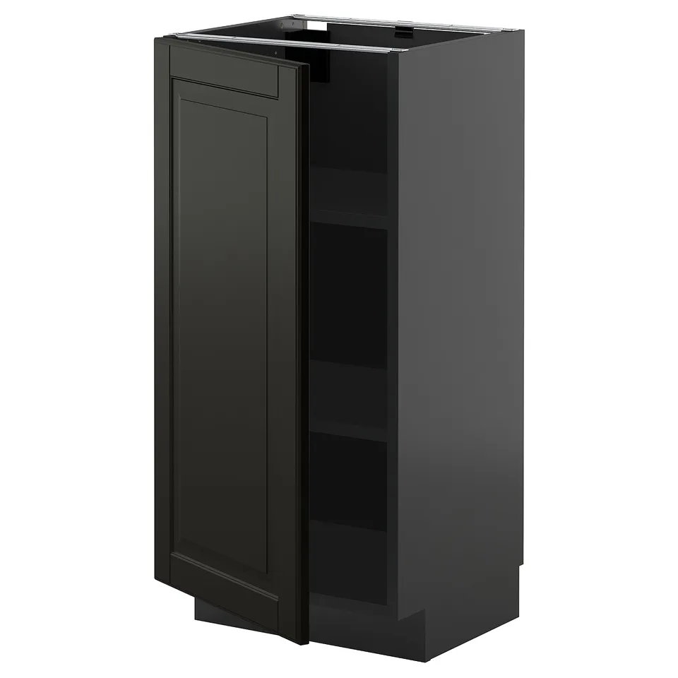Black METOD kitchen cabinet with shiny door, square shape, and adjustable shelves.