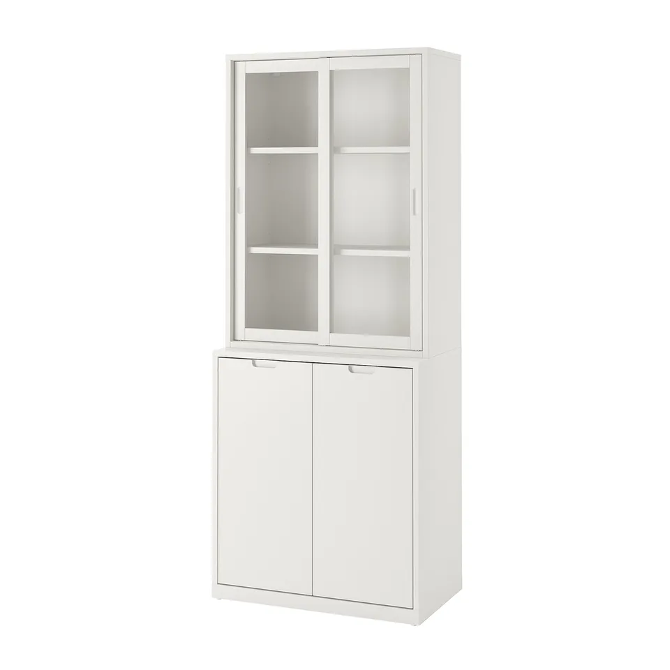 TONSTAD off-white cabinet: glass doors slide, bottom has double doors, soft-close, adjustable shelves, sleek modern design.