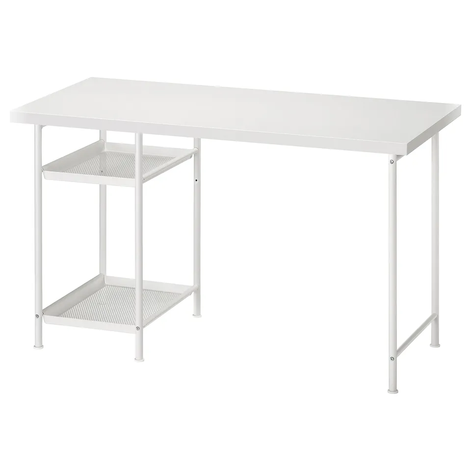 An all-white LAGKAPTEN desk with a rectangular top and two wire shelves. The design is minimalist and modern.