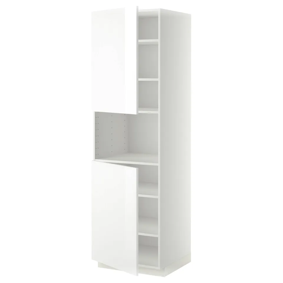 White METOD kitchen unit with glass doors, modern, glossy finish.