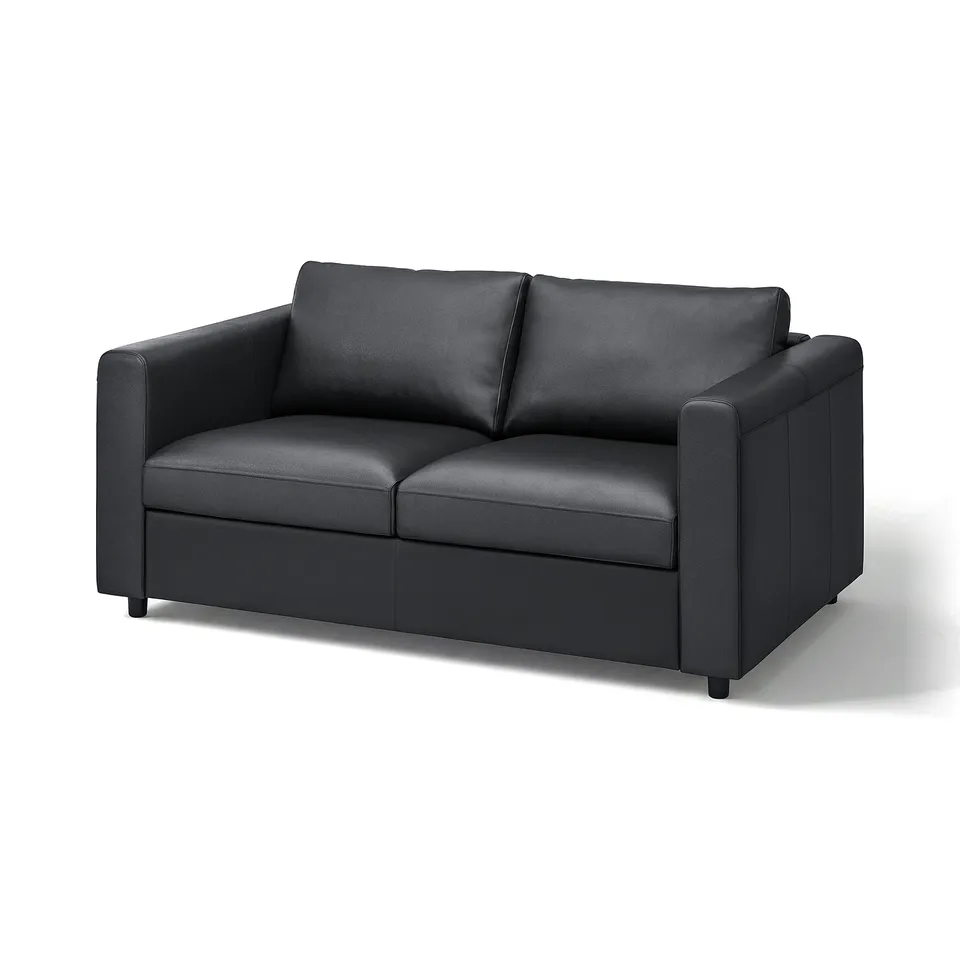 VIMLE 2-seat sofa in black leather and fabric, modern sleek design with high back and cushioned seats.
