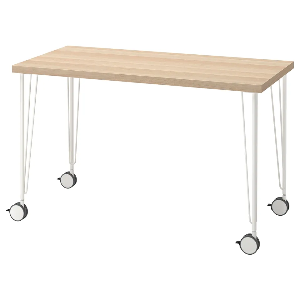LAGKAPTEN desk, light wood top, white legs with wheels, minimalist and modern style.