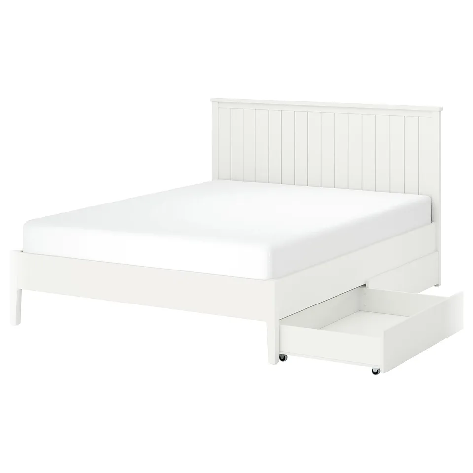 GULLABERG white wooden bed, classic design with vertical slats, two under-bed drawers on castors, sturdy and elegant.