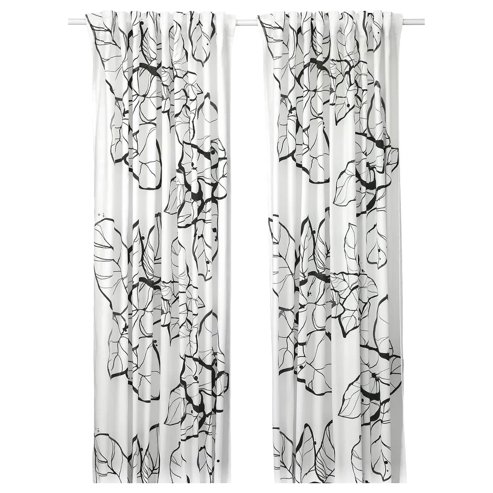 PELARKÖRSBÄR Curtains, 1 pair, white/black floral pattern/with heading tape, 145x300 cm
