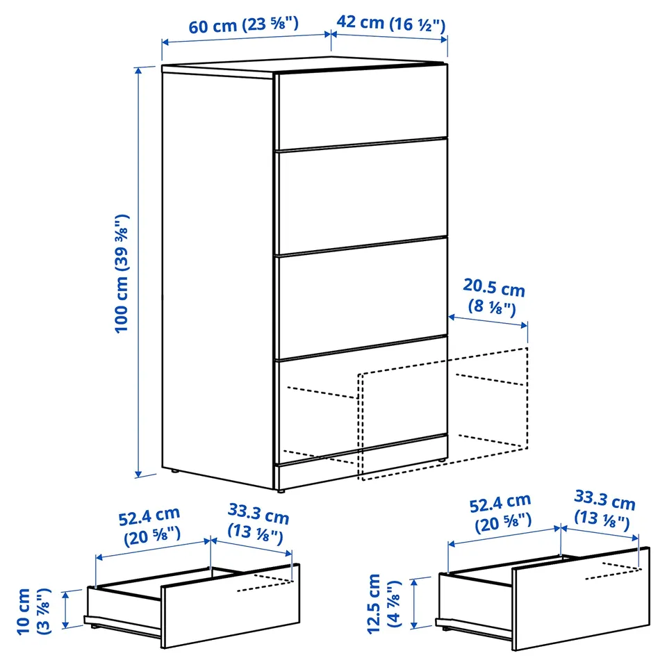 LASTARE Chest of 4 drawers, white, 60x42x100 cm