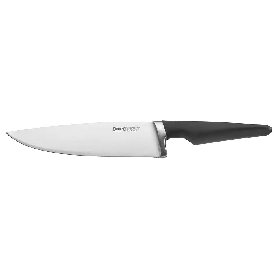 Stainless steel knife, black handle, sharp blade.