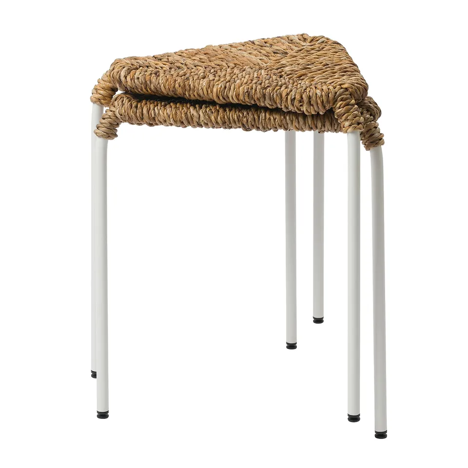 JUTEBODA stool: braided banana seat, 3 stable white legs, stacks. Indoor use.