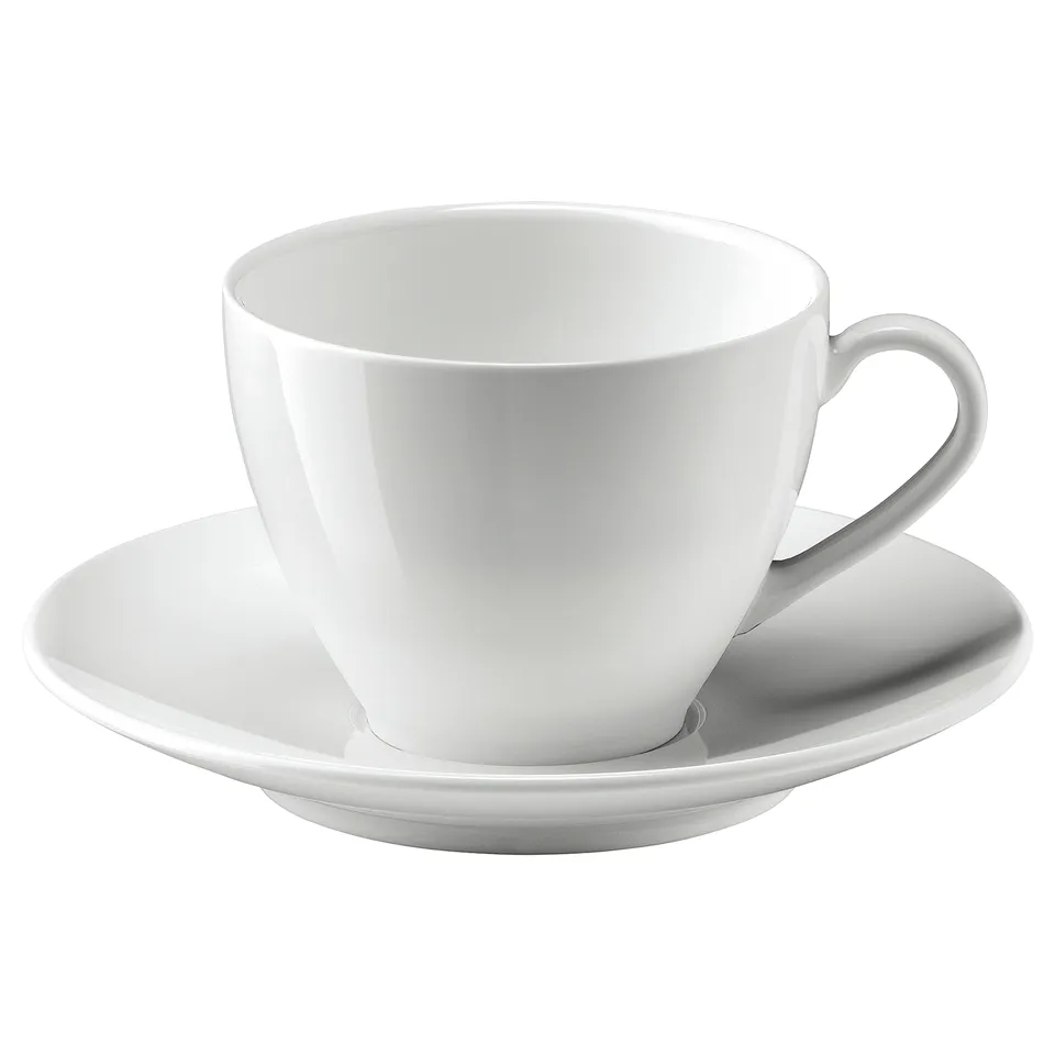 White VÄRDERA coffee cup & saucer, minimalist porcelain design with curved handle.
