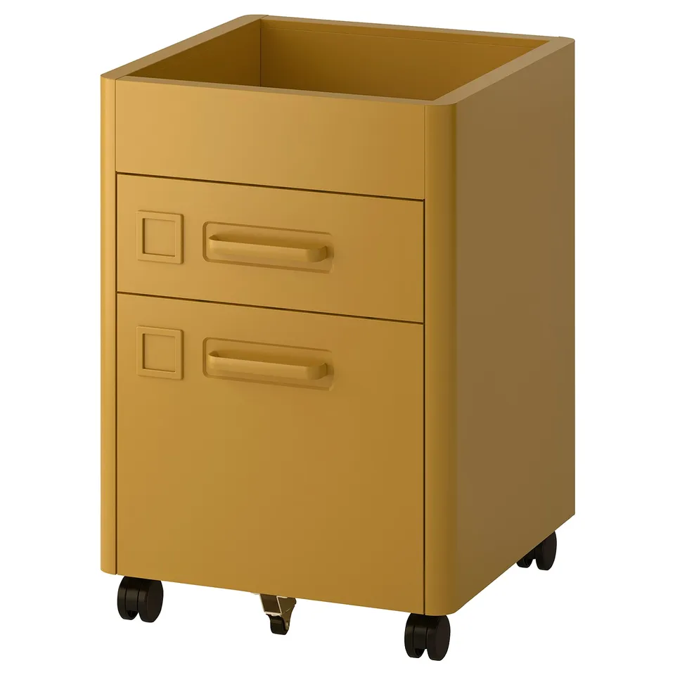 IDÅSEN gold file cabinet with drawers and casters.