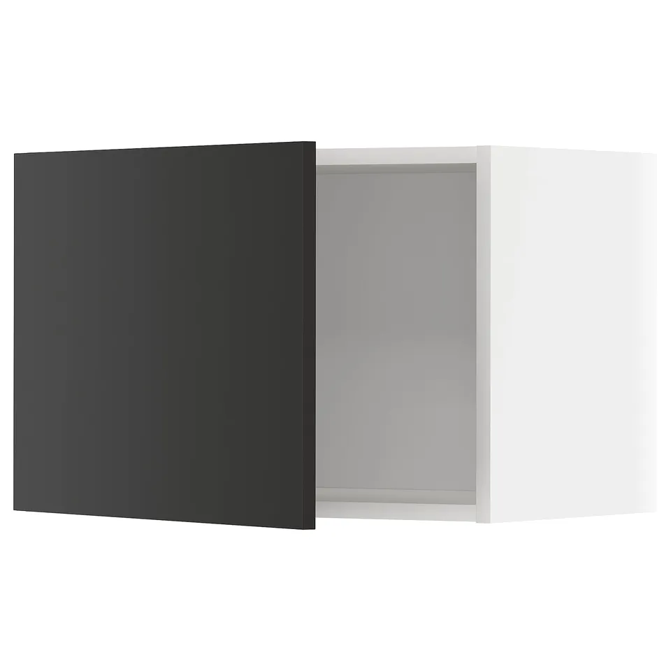 Black METOD kitchen cabinet with white interior.