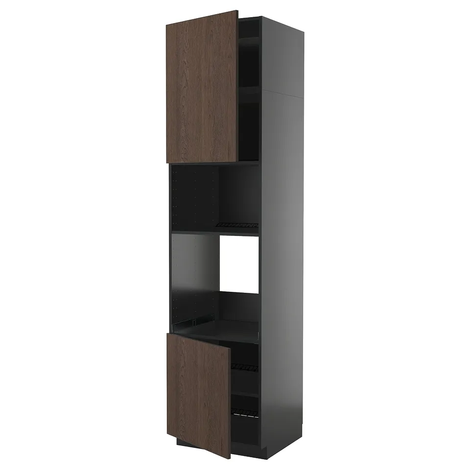 Modern kitchen cabinet, black & brown. Tall, rectangular with open shelves & wooden doors.