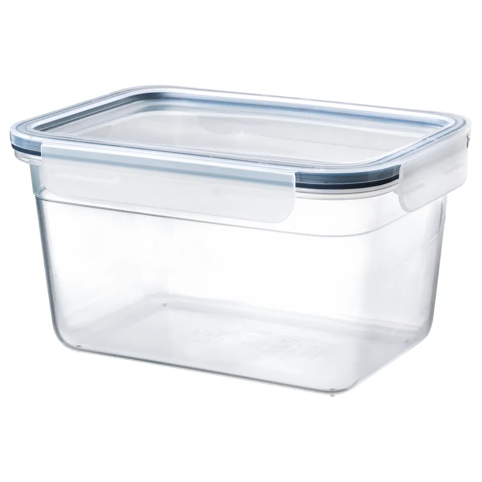 IKEA 365+ clear plastic food container with snap-lock lid, square shape, transparent.