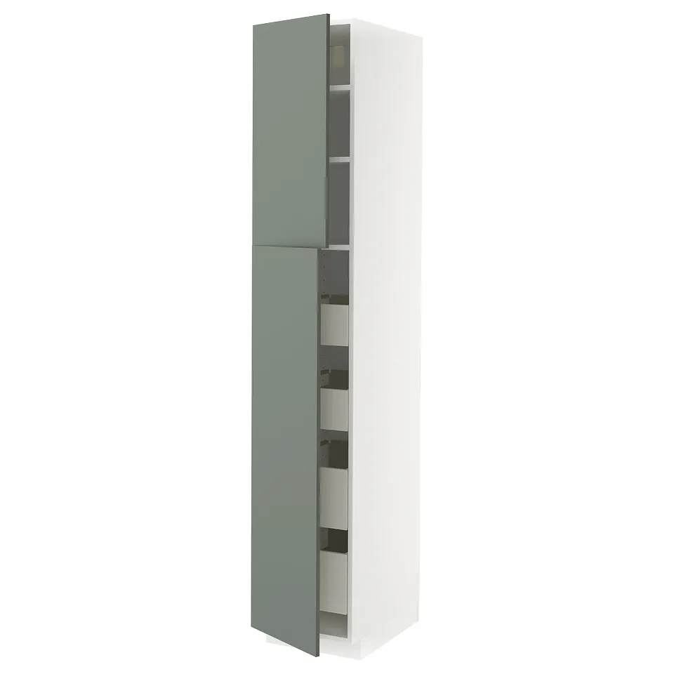A white and light green METOD kitchen cabinet with multiple storage shelves and drawers, featuring a sleek and modern design.