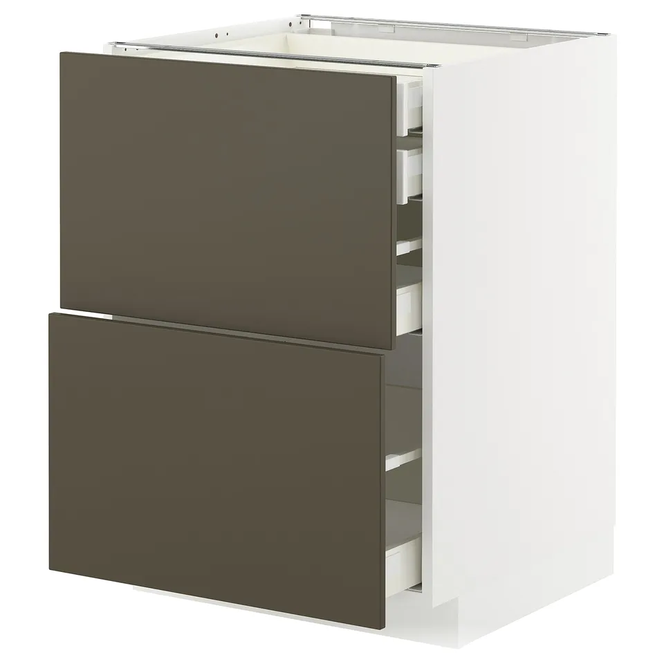 White METOD kitchen unit with two dark brown drawers, sleek design.