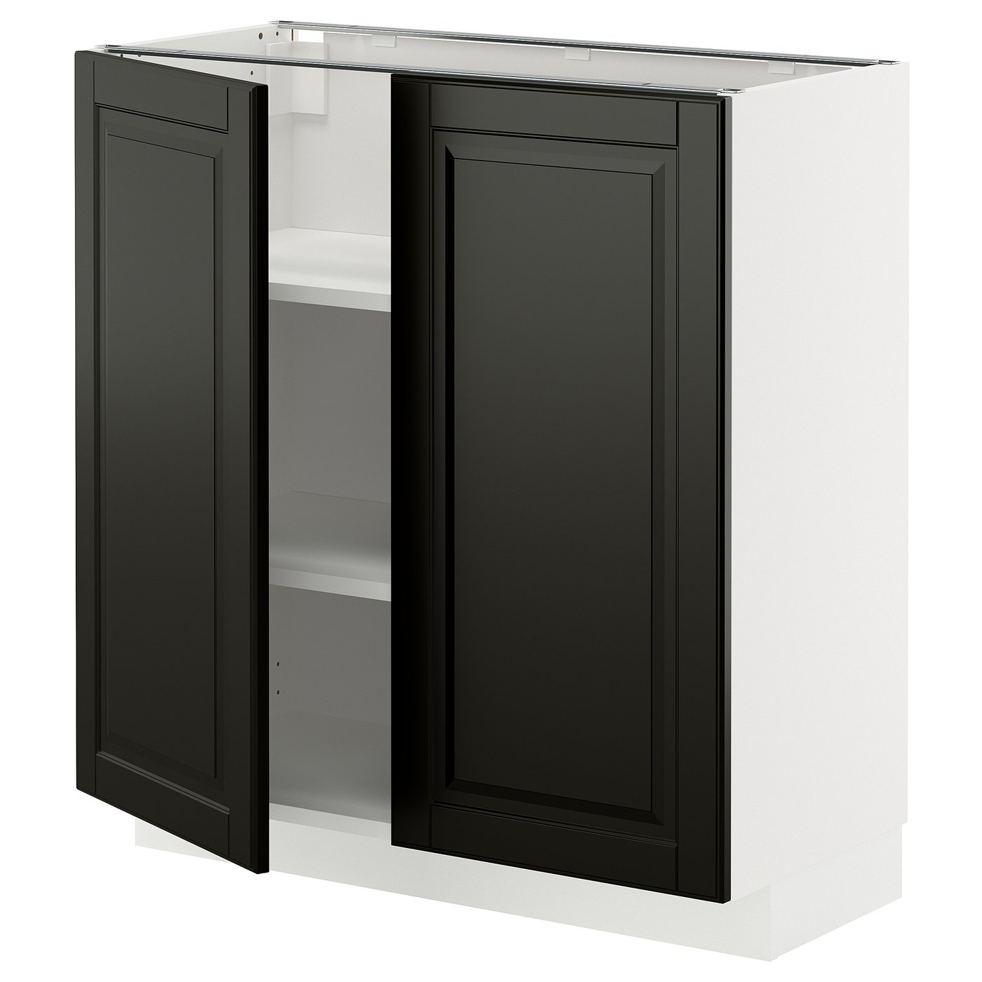 Black METOD kitchen cabinet with two open doors, white interior, adjustable shelves.