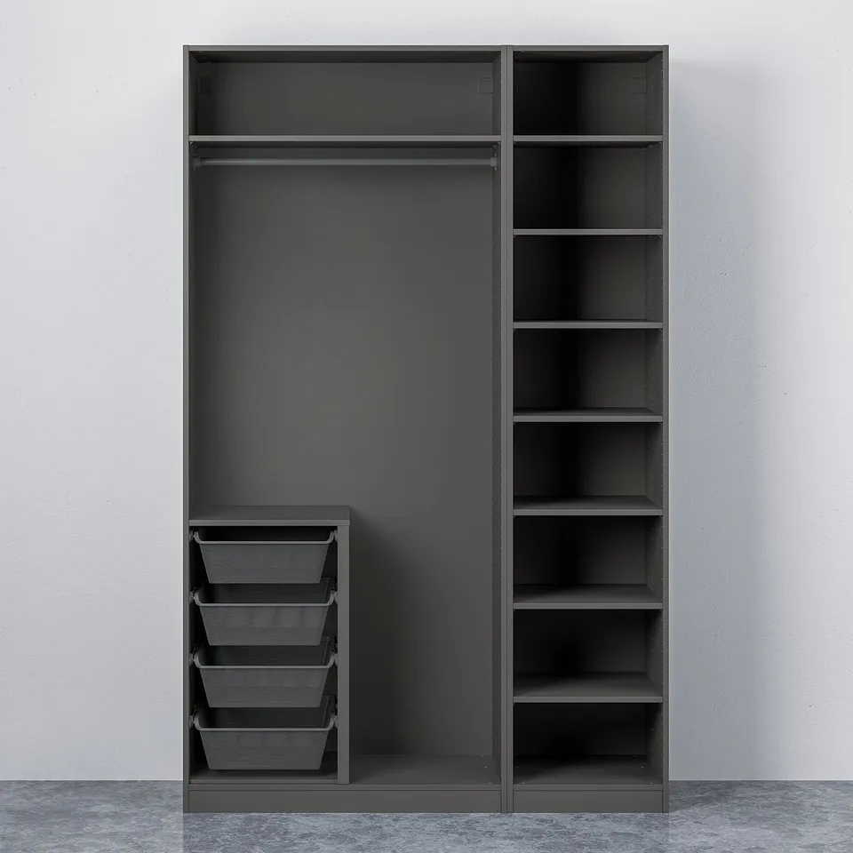 Open PAX wardrobe: dark interior, drawers, shelves, hanging rod.