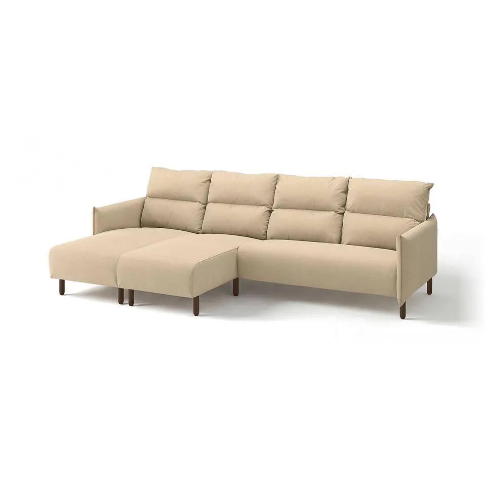 MANNARP beige sofa: l-shaped, wooden legs, high back, soft cushions.
