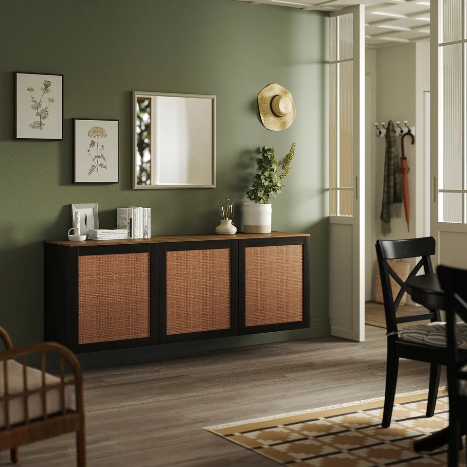 BESTÅ Wall-mounted cabinet combination, black-brown Studsviken/dark brown woven poplar, 180x42x66 cm