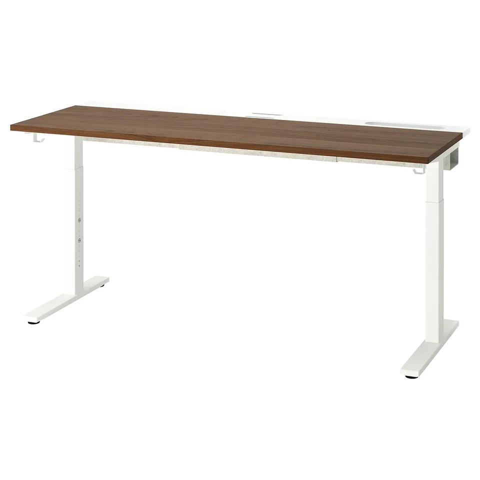 MITTZON desk, white frame, brown top, adjustable height, sturdy legs, clean design.