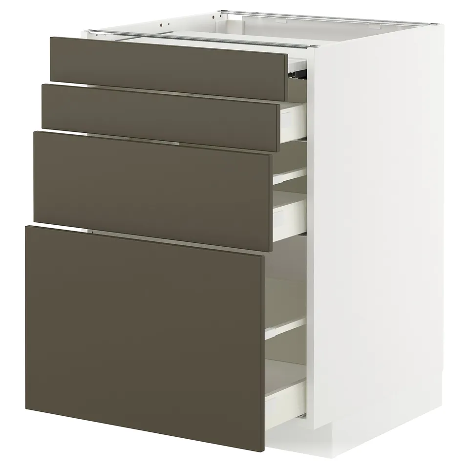 A white METOD kitchen cabinet with four dark brown drawers, featuring a sleek and modern design.