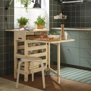 KYRRE/RESARÖ set: mobile drop-leaf table w storage + stool x2, pine + birch, Width 64 x Height 91 x Length 63 cm
