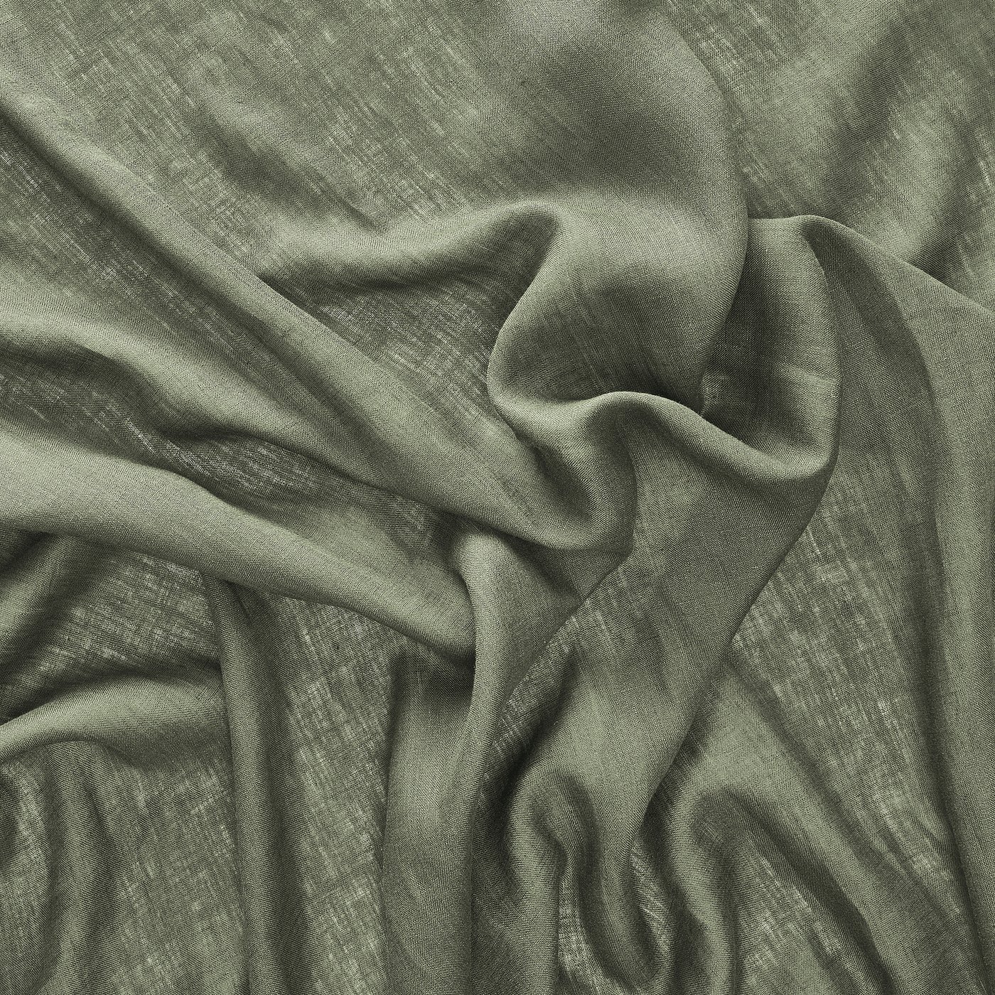 Elegant green-grey linen curtain close-up, showcasing textured weave and smooth, soft folds, ideal for a rustic or chic look.
