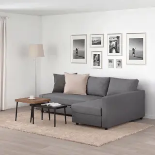 FRIHETEN/SONHULT Corner sofa-bed with storage/Nest of tables, set of 2, Skiftebo dark grey + grey/walnut effect, Depth 151 x Width 230 cm