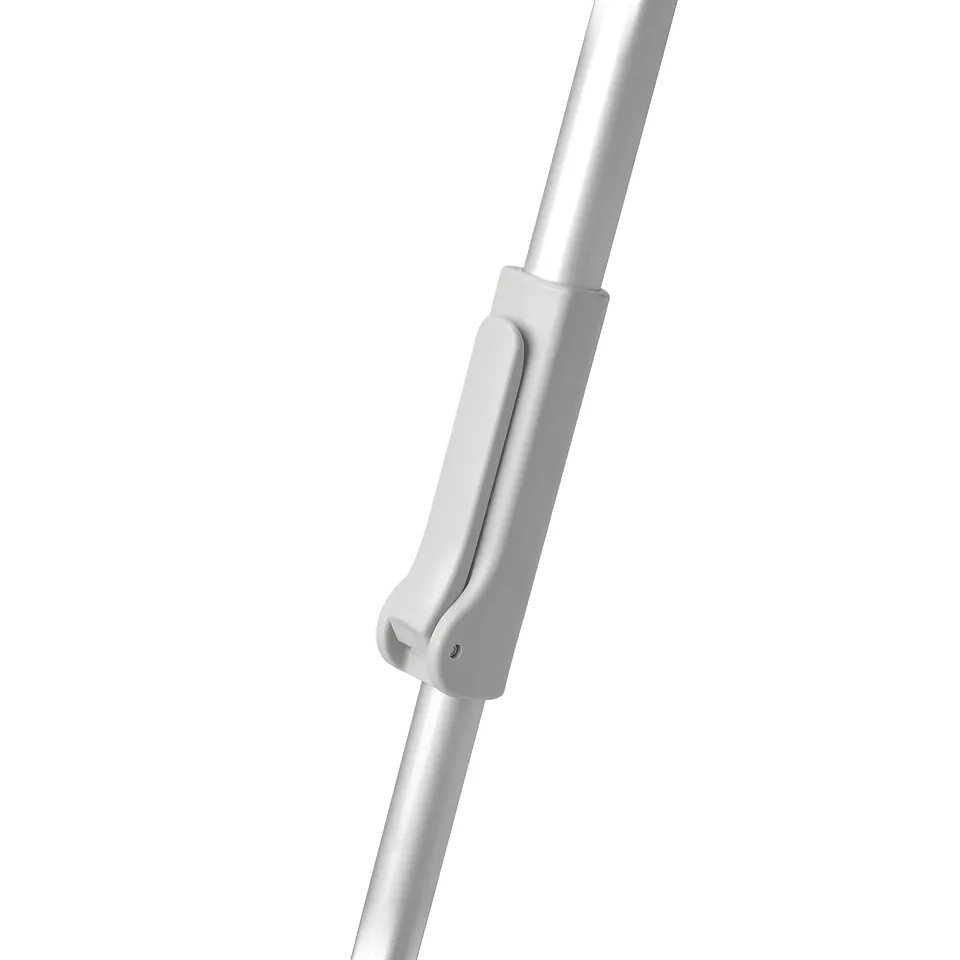 Silver telescopic handle with push-button length adjustment, part of a modular cleaning system, shown in a close-up detail.