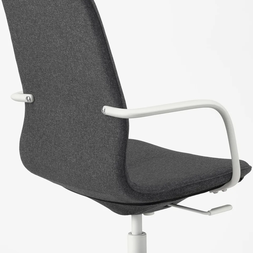 Modern office chair with high back, adjustable white armrests, dark fabric, ergonomic & comfortable.