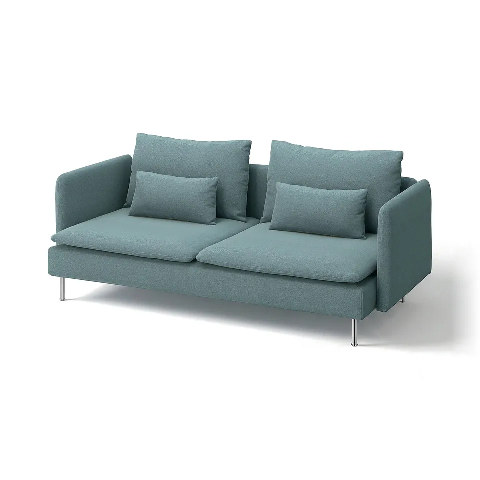 Blue SÖDERHAMN sofa, modern design with deep seats, raised legs, plush cushions.