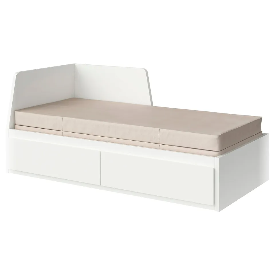 FLEKKE white day-bed with cushion & drawers for space-efficient sleeping.