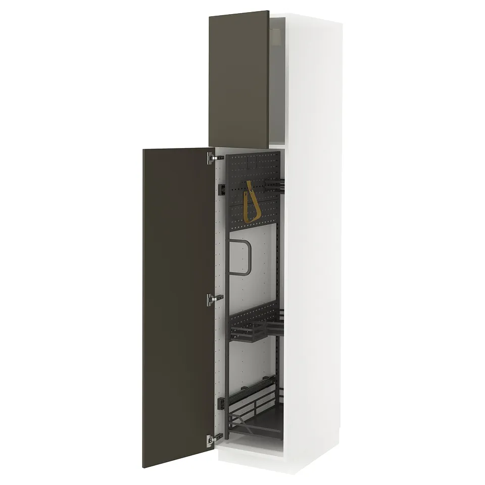 Displays an open white METOD kitchen cabinet with dark brown doors, featuring pull-out organisers for storage.