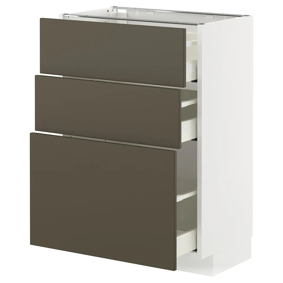 A METOD kitchen unit with three dark brown havstorp drawers and a white cabinet frame. The drawers are full-extension with smooth runners.
