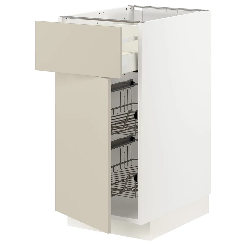 METOD kitchen unit, beige, white & wire shelves, rectangular, sleek design, with full-extension drawers.