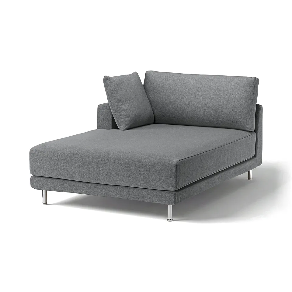 Modern grey UPPÅKRA chaise lounge with soft, textured fabric, chrome legs, and minimalist design.