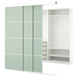 SKYTTA / PAX walk-in wardrobe with sliding doors, white double sided/Mehamn light green, Height 240 x Width 226 x Depth 160 cm
