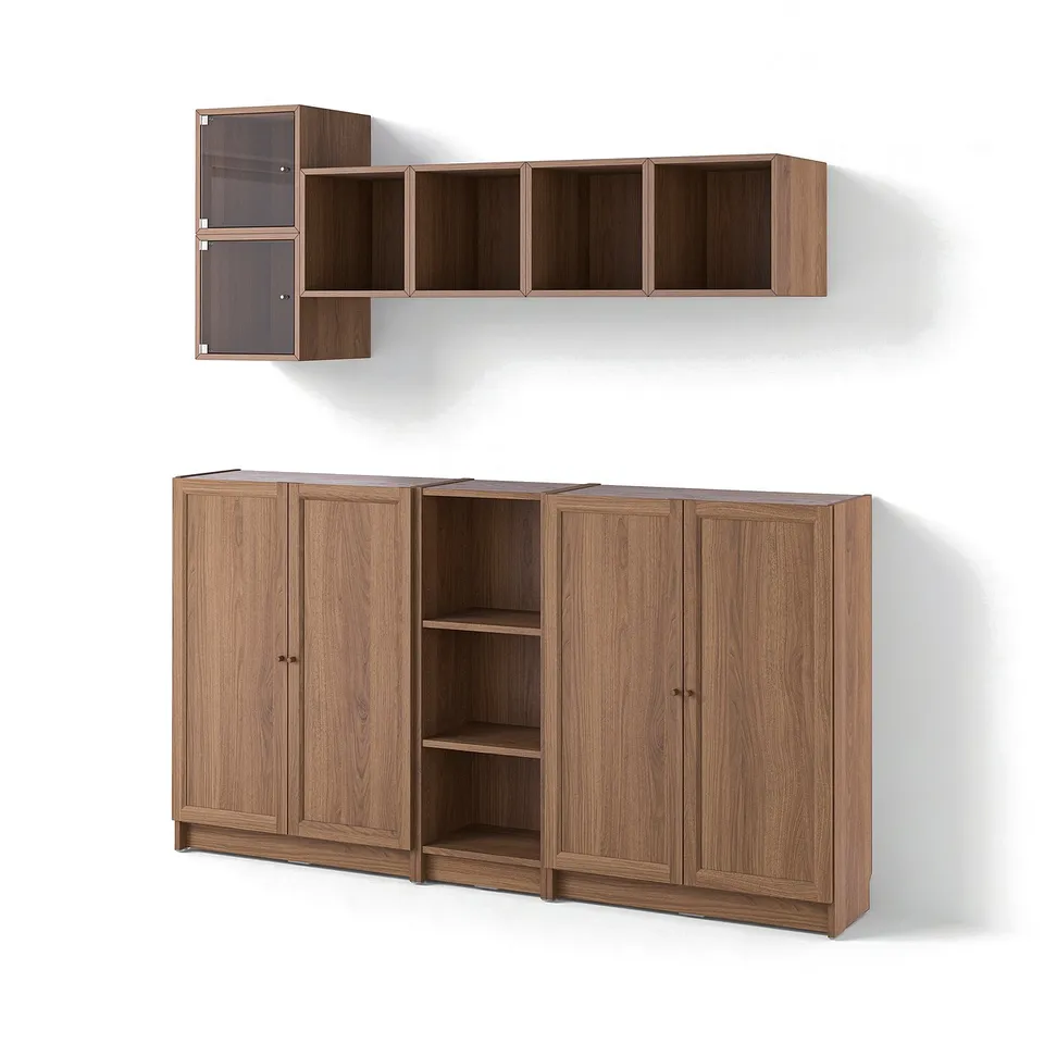 BILLY / EKET Storage combination with doors, brown walnut effect/clear glass