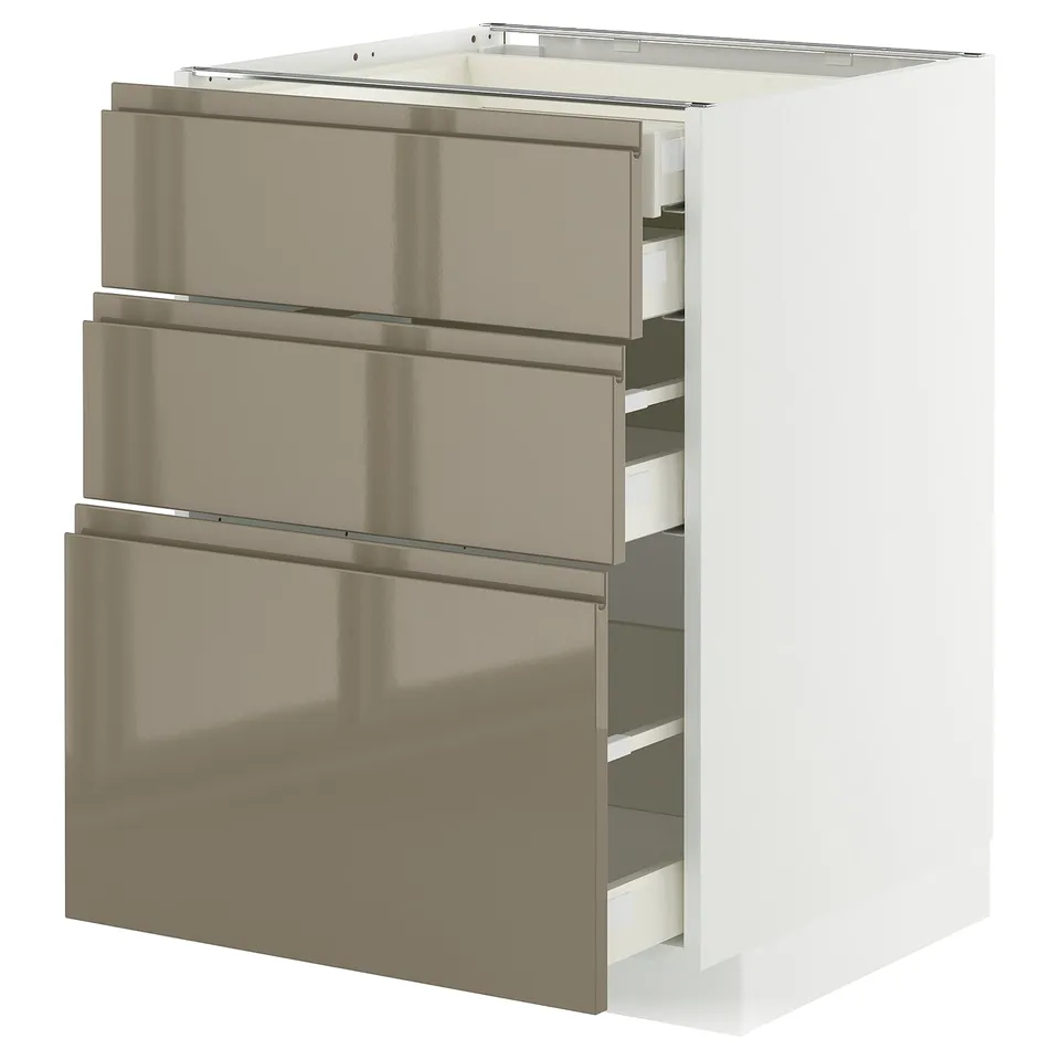 Modern white kitchen cabinet with dark grey-brown glossy drawers, sleek design, three drawers, 18mm frame.