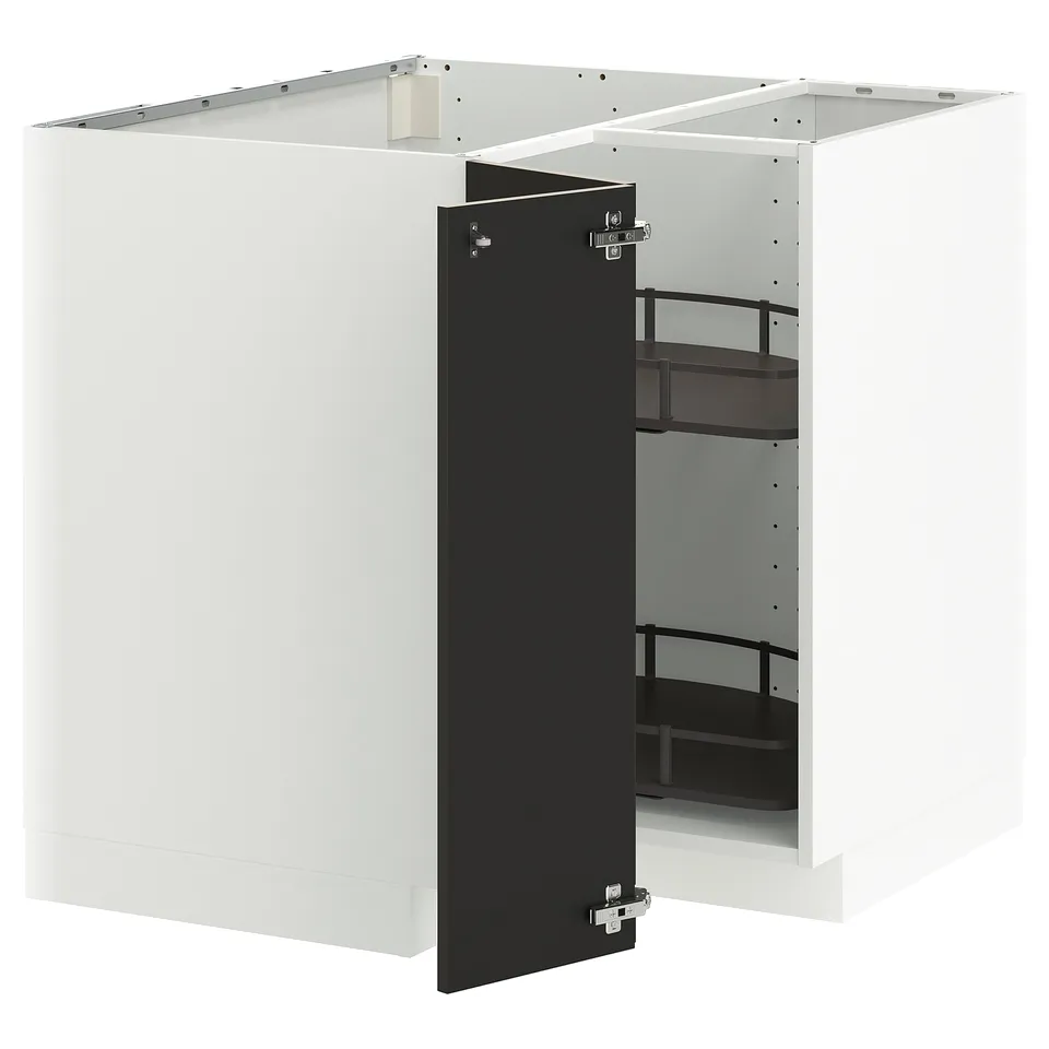 METOD corner base cabinet in white with black door. Sturdy, adjustable shelves, left or right mount door.