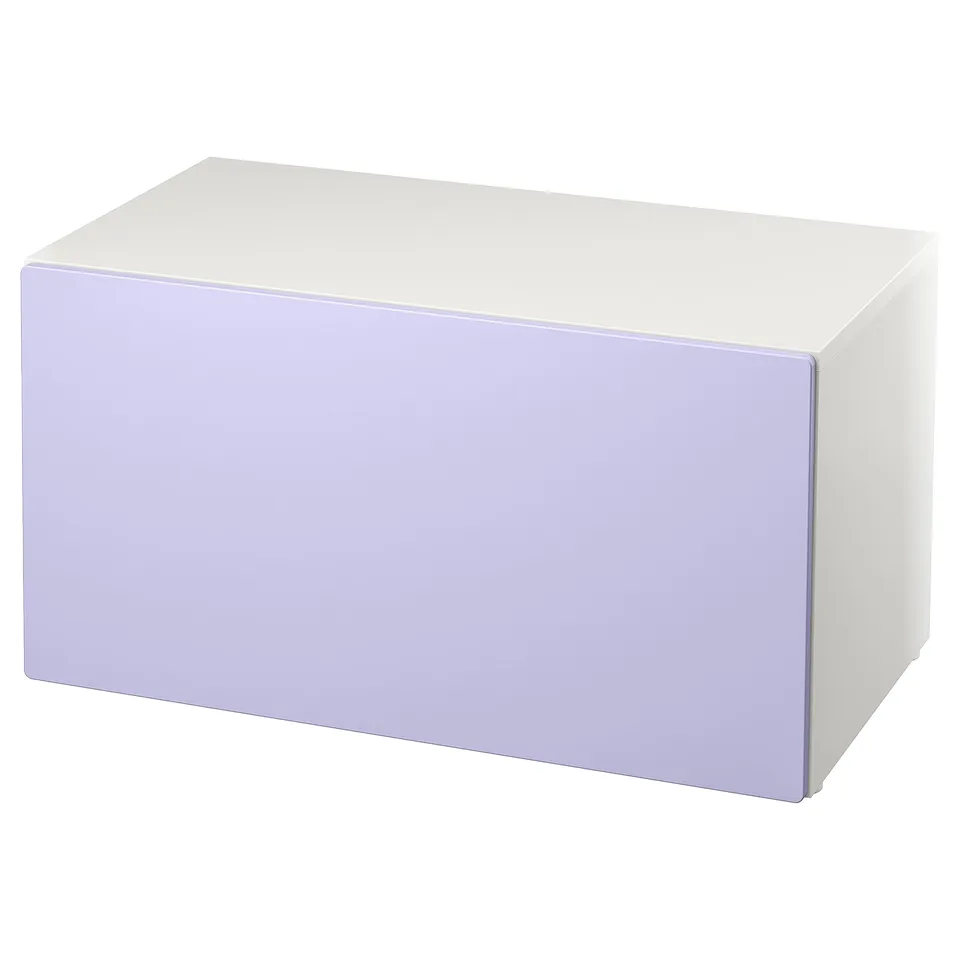 White and lavender storage box with flat top and smooth sides.